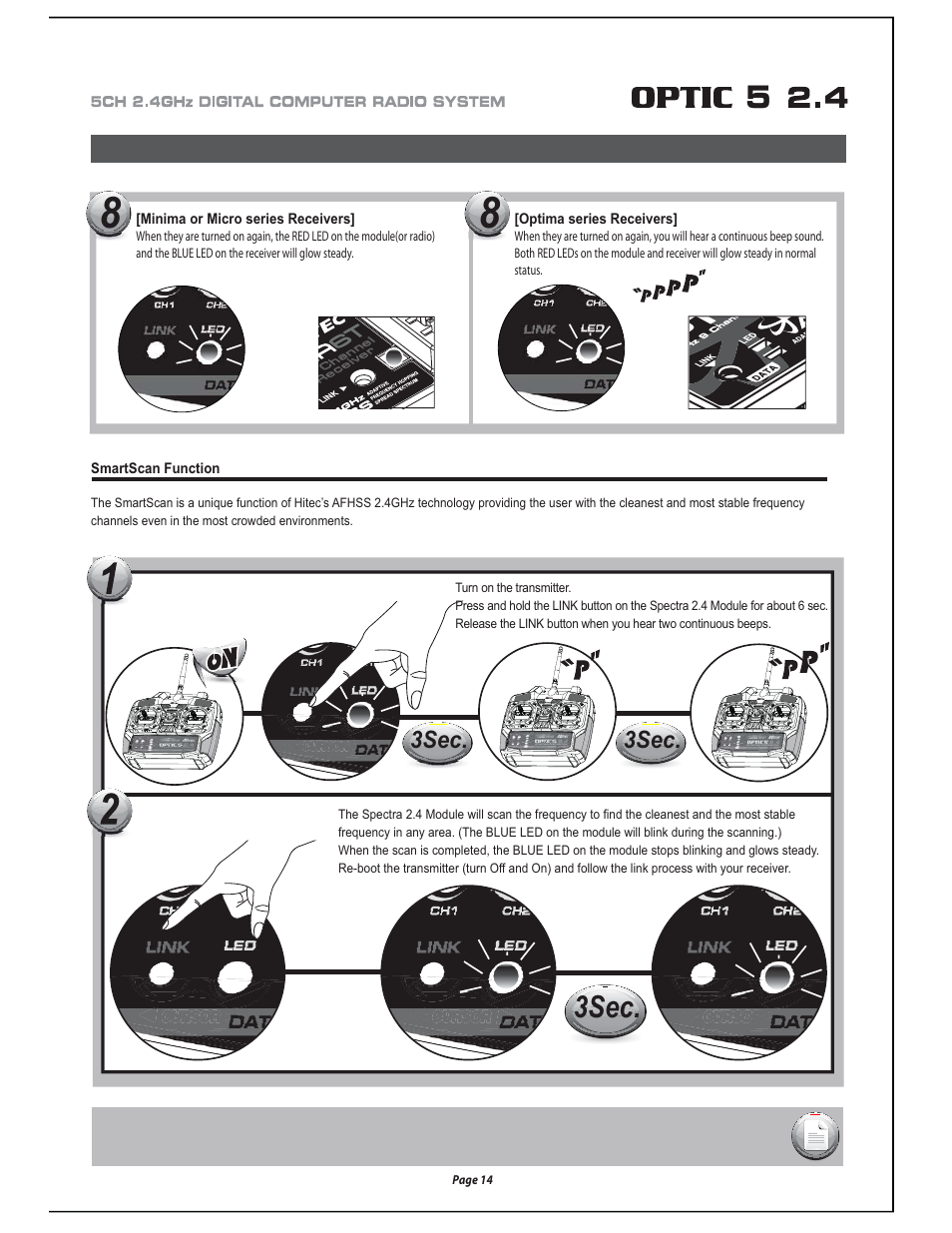 3sec, Minima series receiver features, Smartscan function | Minima or micro series receivers, Optima series receivers, Page 14 | HITEC Optic 5 2.4 User Manual | Page 15 / 24