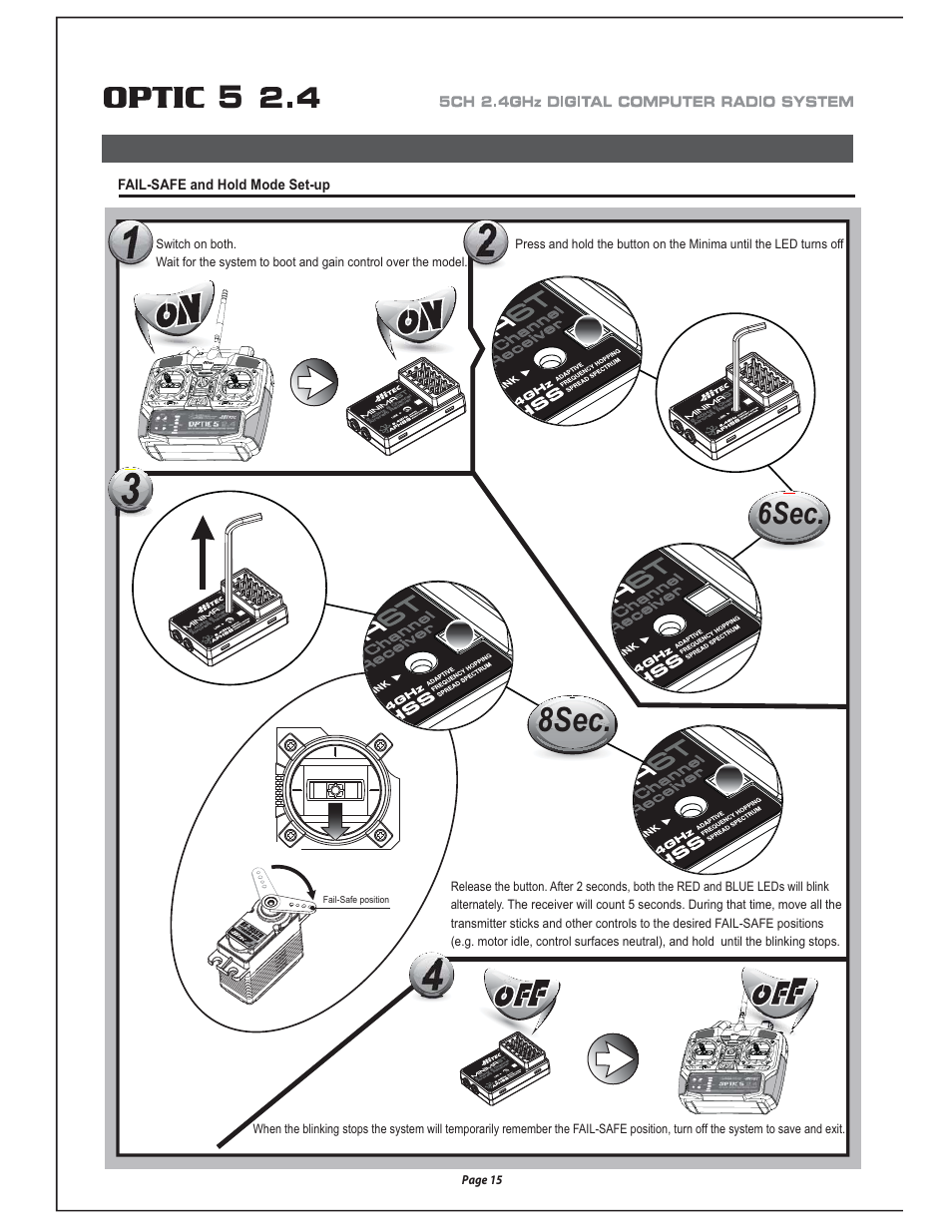 8sec, 6sec, Minima series receiver features and set-up | Fail-safe and hold mode set-up, Page 15 | HITEC Optic 5 2.4 User Manual | Page 16 / 24