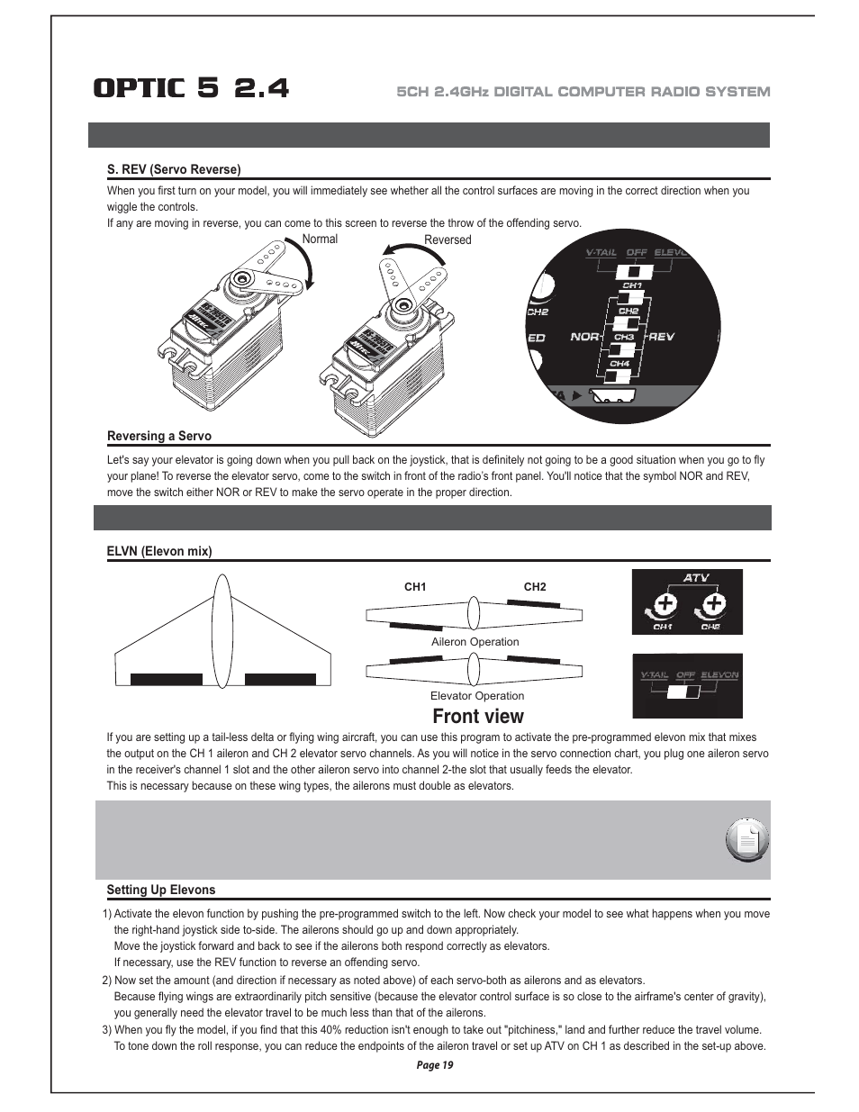 Front view, S. rev (servo reverse), Elvn (elevon mix) | HITEC Optic 5 2.4 User Manual | Page 20 / 24
