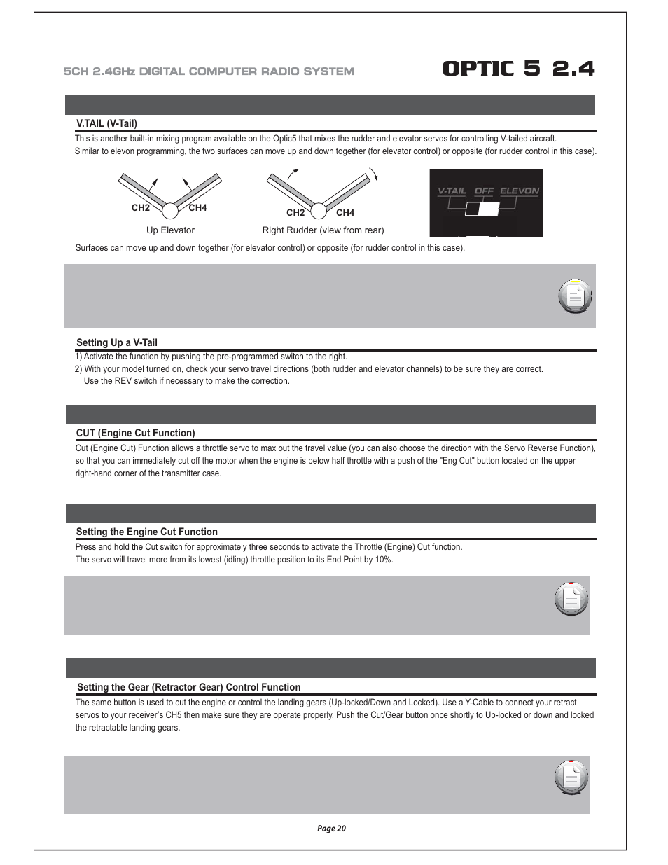 V.tail (v-tail), Cut (engine cut function), Setting the gear (retractor gear) control function | Setting the engine cut function | HITEC Optic 5 2.4 User Manual | Page 21 / 24