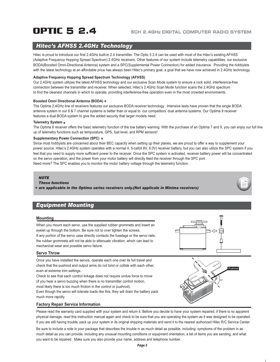 Hitec’s afhss 2.4ghz technology equipment mounting | HITEC Optic 5 2.4 User Manual | Page 4 / 24