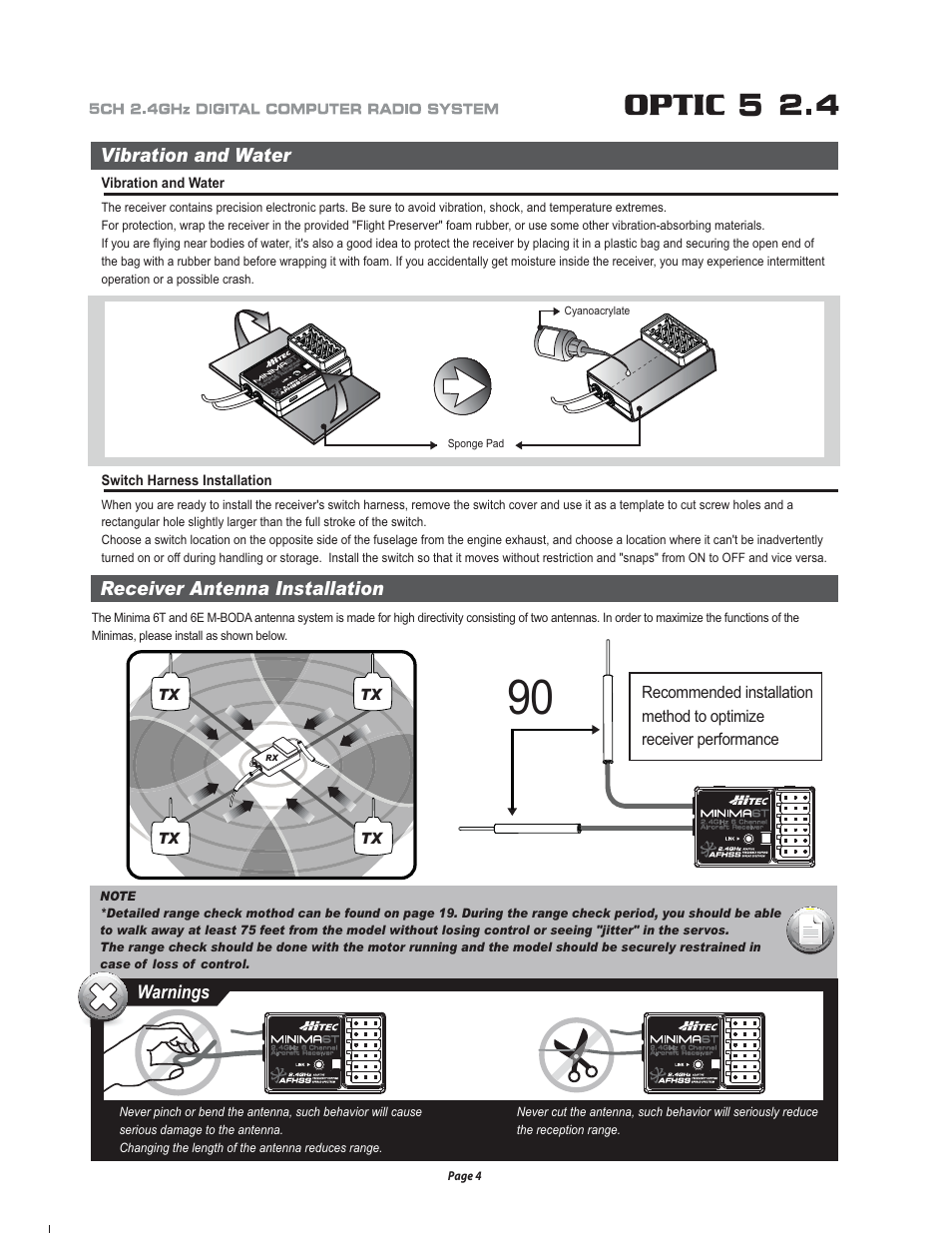 Vibration and water, Receiver antenna installation, Warnings | HITEC Optic 5 2.4 User Manual | Page 5 / 24