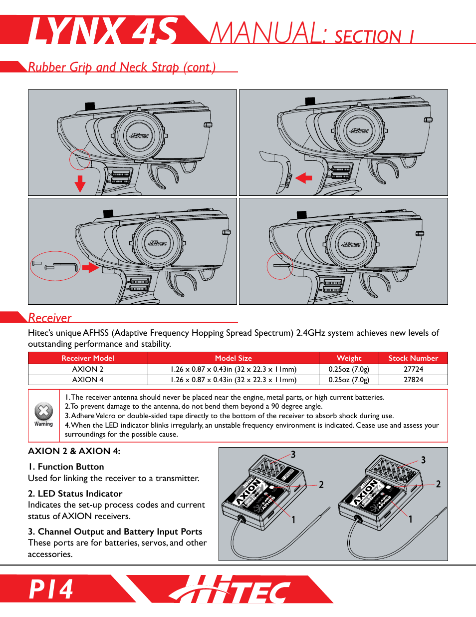 Receiver, Manual, Rubber grip and neck strap (cont.) | HITEC Lynx 4S User Manual | Page 14 / 56