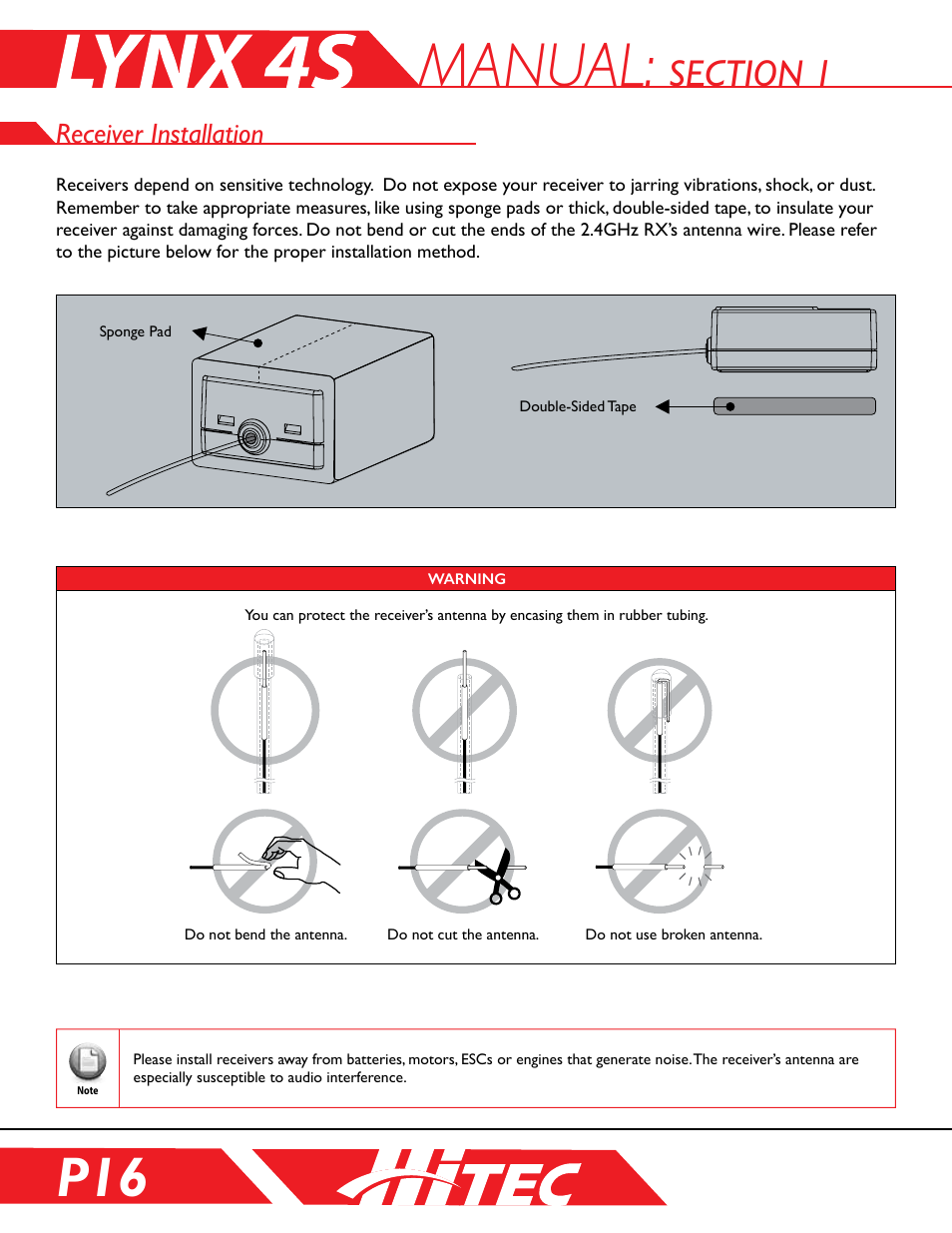 Receiver installation, Manual | HITEC Lynx 4S User Manual | Page 16 / 56