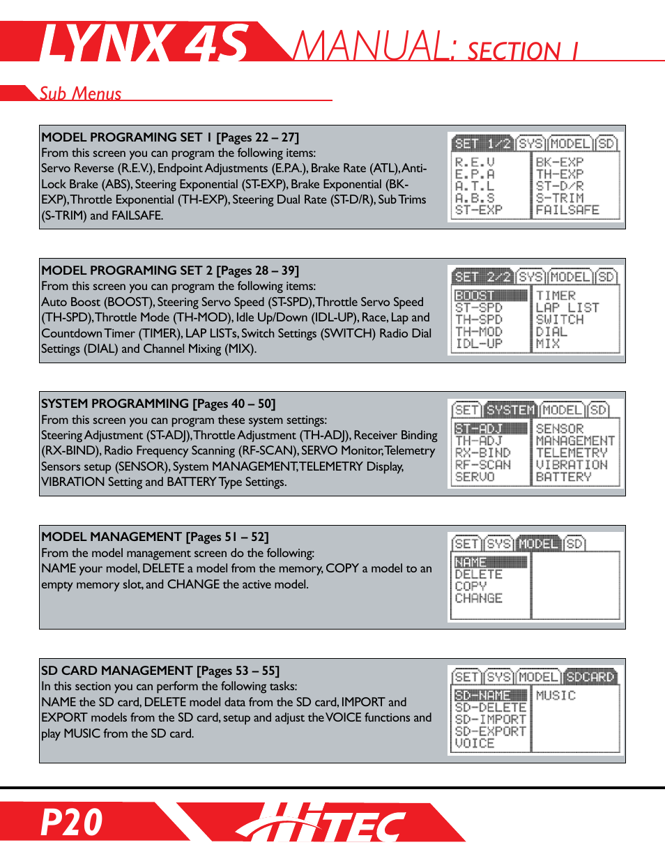 Sub menus, Manual | HITEC Lynx 4S User Manual | Page 20 / 56