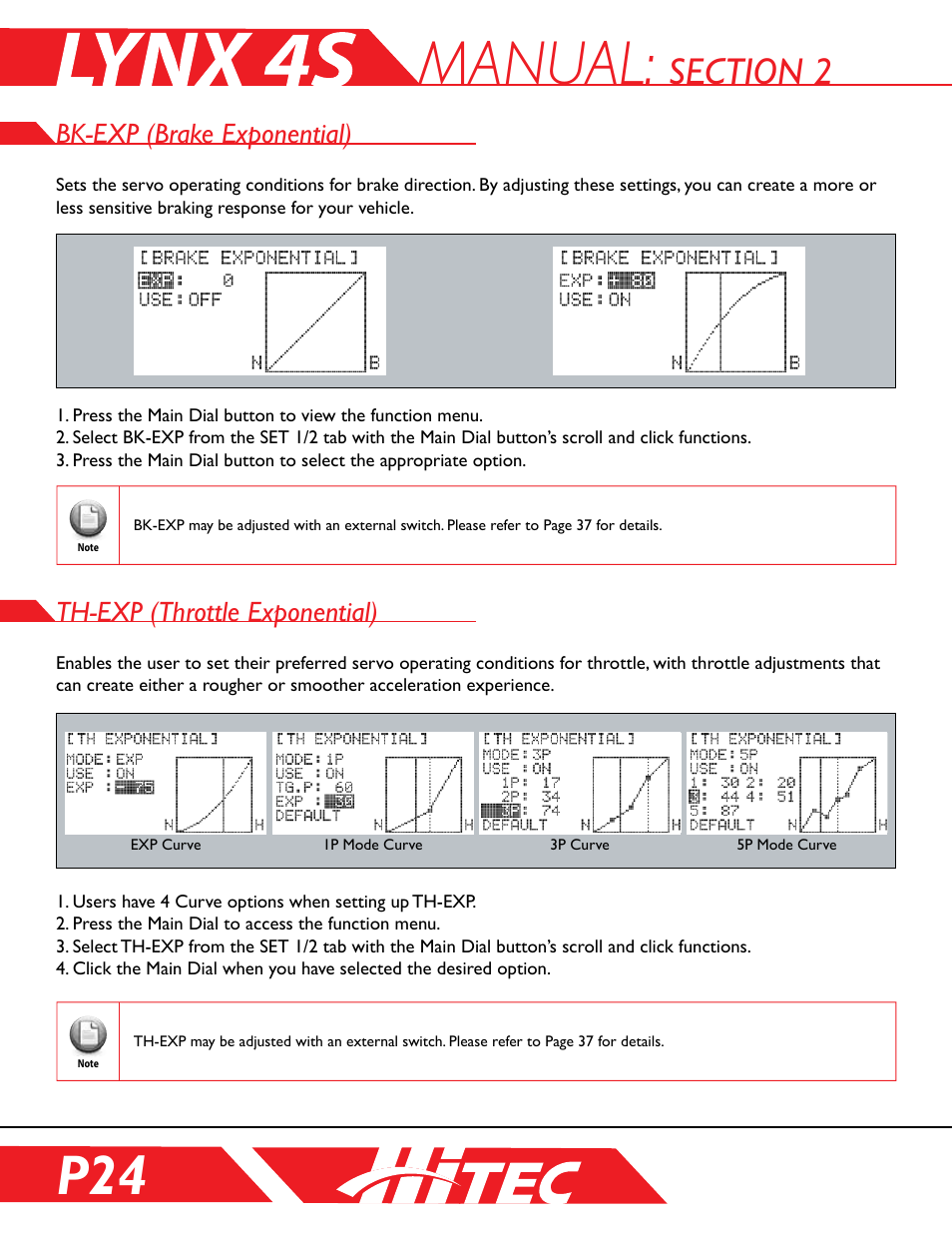 Bk-exp (brake exponential), Th-exp (throttle exponential), Manual | HITEC Lynx 4S User Manual | Page 24 / 56