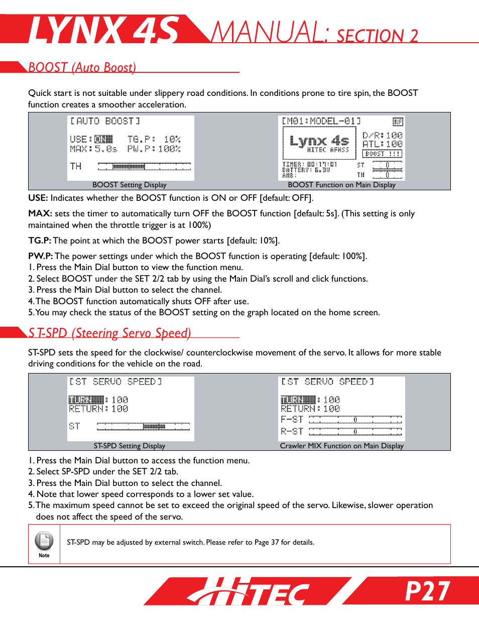 Boost (auto boost), St-spd (steering servo speed), St-spd (sterring servo speed) | Manual, S t-spd (steering servo speed) | HITEC Lynx 4S User Manual | Page 27 / 56