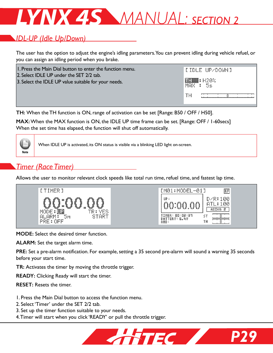 Idl-up (idle up/down), Timer (race timer), Manual | HITEC Lynx 4S User Manual | Page 29 / 56