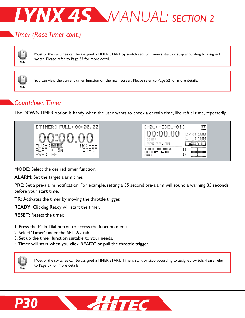 Countdown timer, Manual, Timer (race timer cont.) | HITEC Lynx 4S User Manual | Page 30 / 56