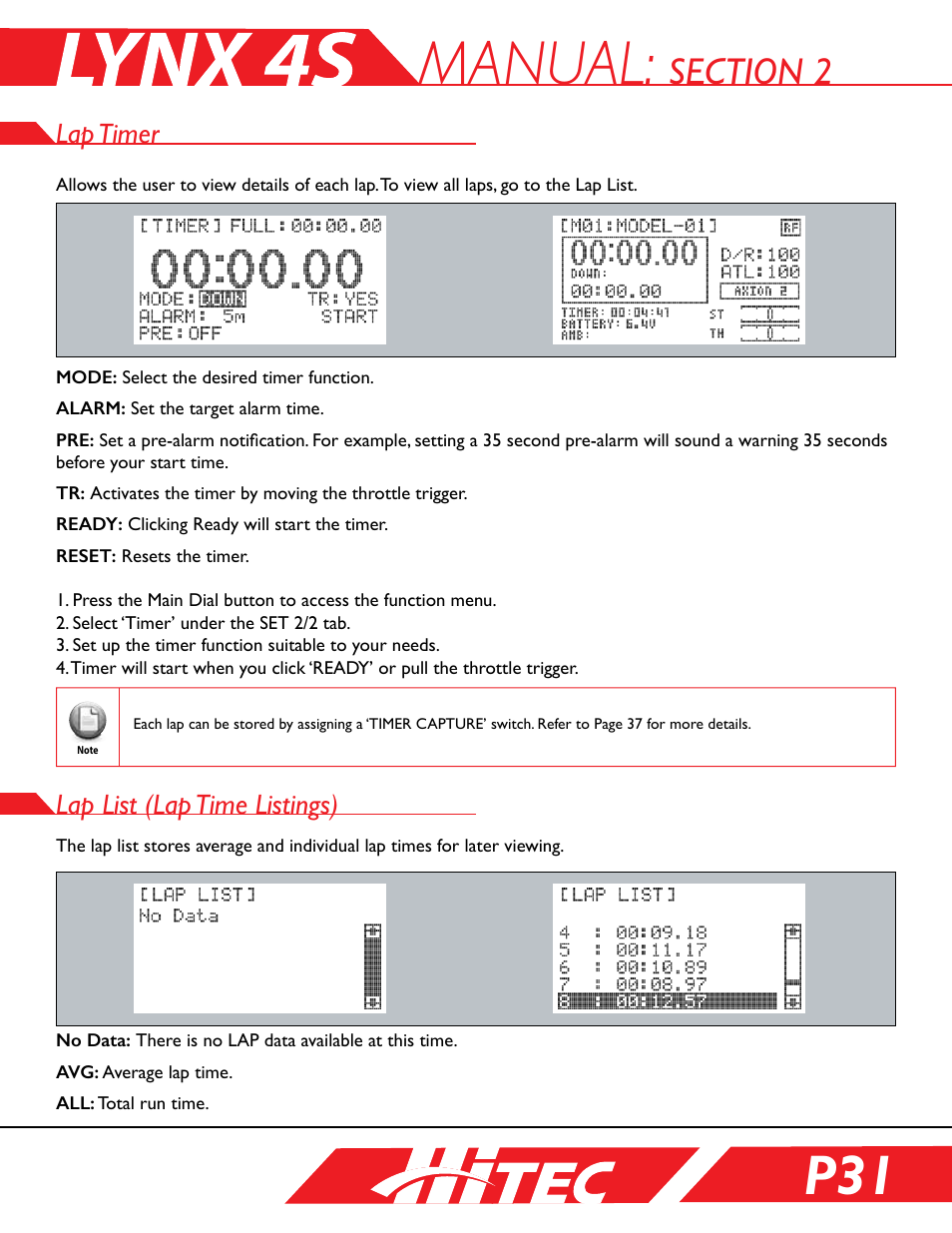 Lap timer, Lap list (lap time listings), Manual | HITEC Lynx 4S User Manual | Page 31 / 56