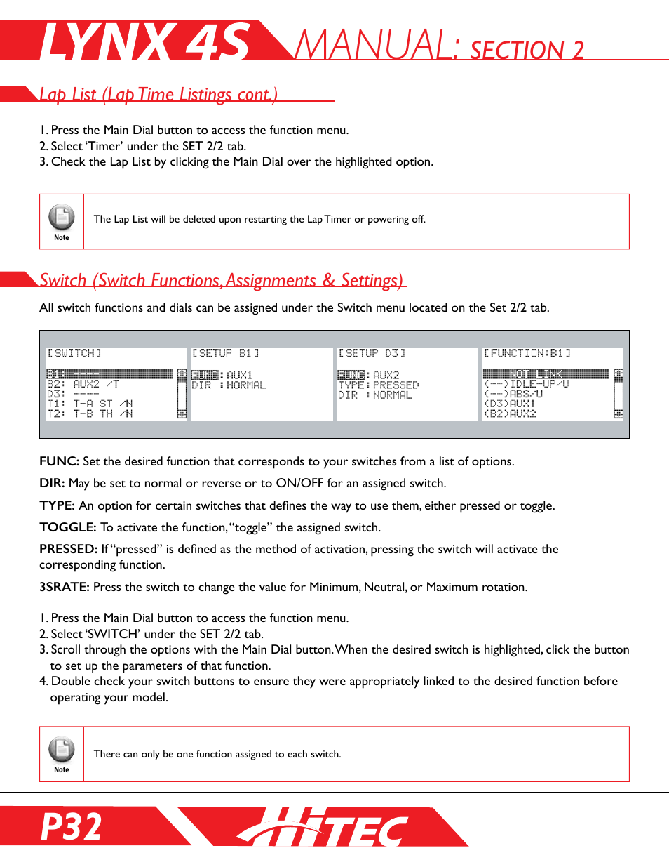 Switch (switch functions, assignments & settings), Manual, Lap list (lap time listings cont.) | HITEC Lynx 4S User Manual | Page 32 / 56