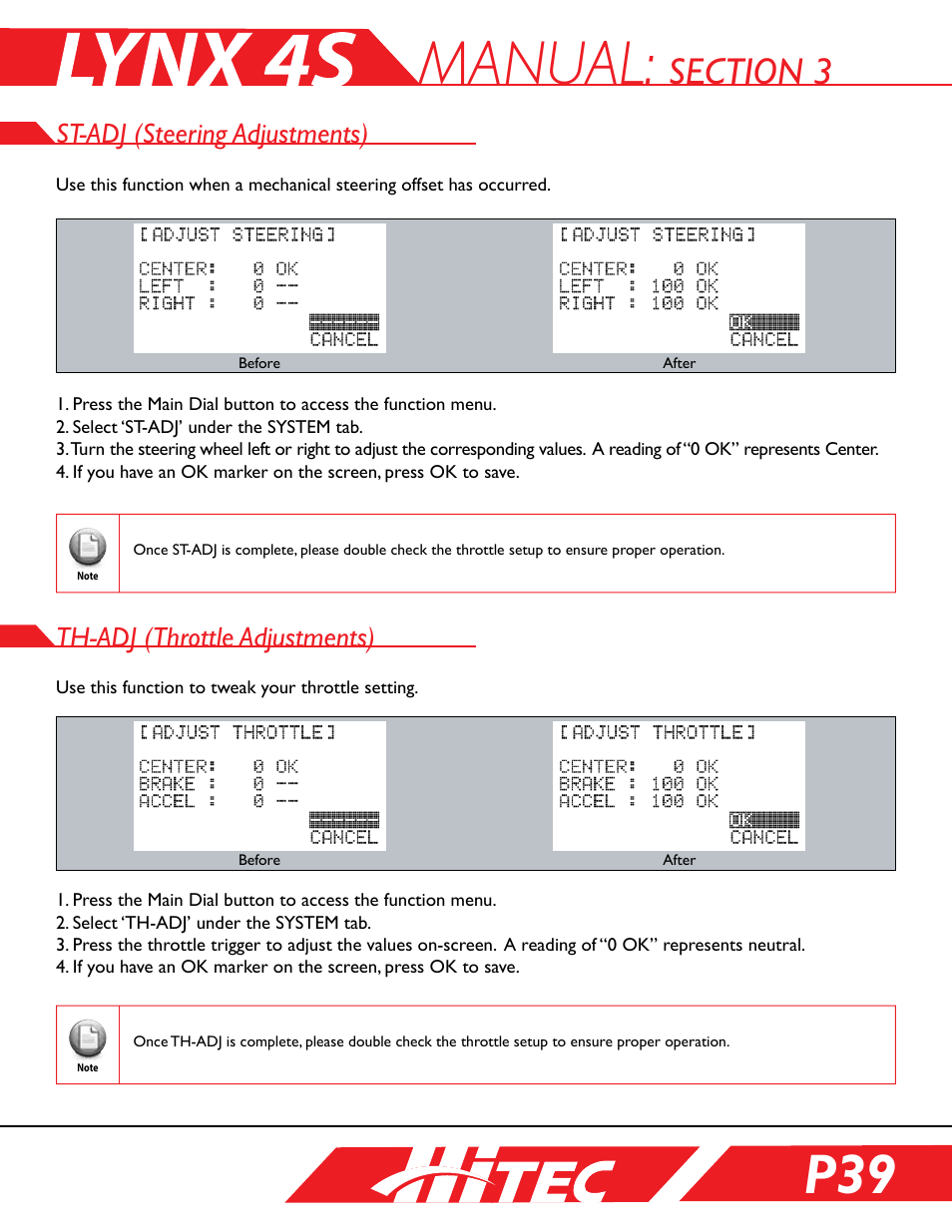 Section 3: system programming, St-adj (steering adjustments), Th-adj (throttle adjustments) | Manual | HITEC Lynx 4S User Manual | Page 39 / 56