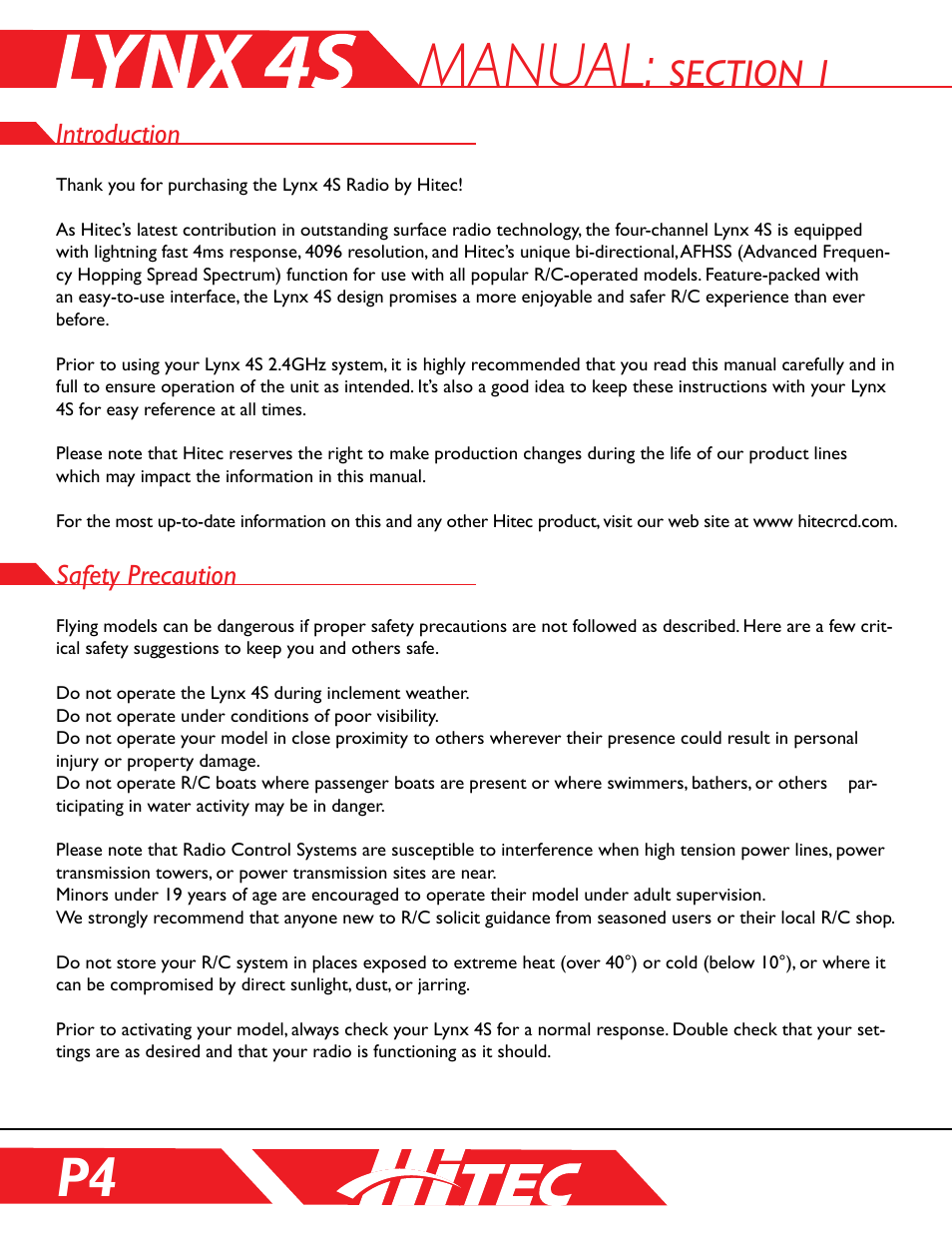Section 1: introduction, Safety precaution, Introduction | Manual | HITEC Lynx 4S User Manual | Page 4 / 56