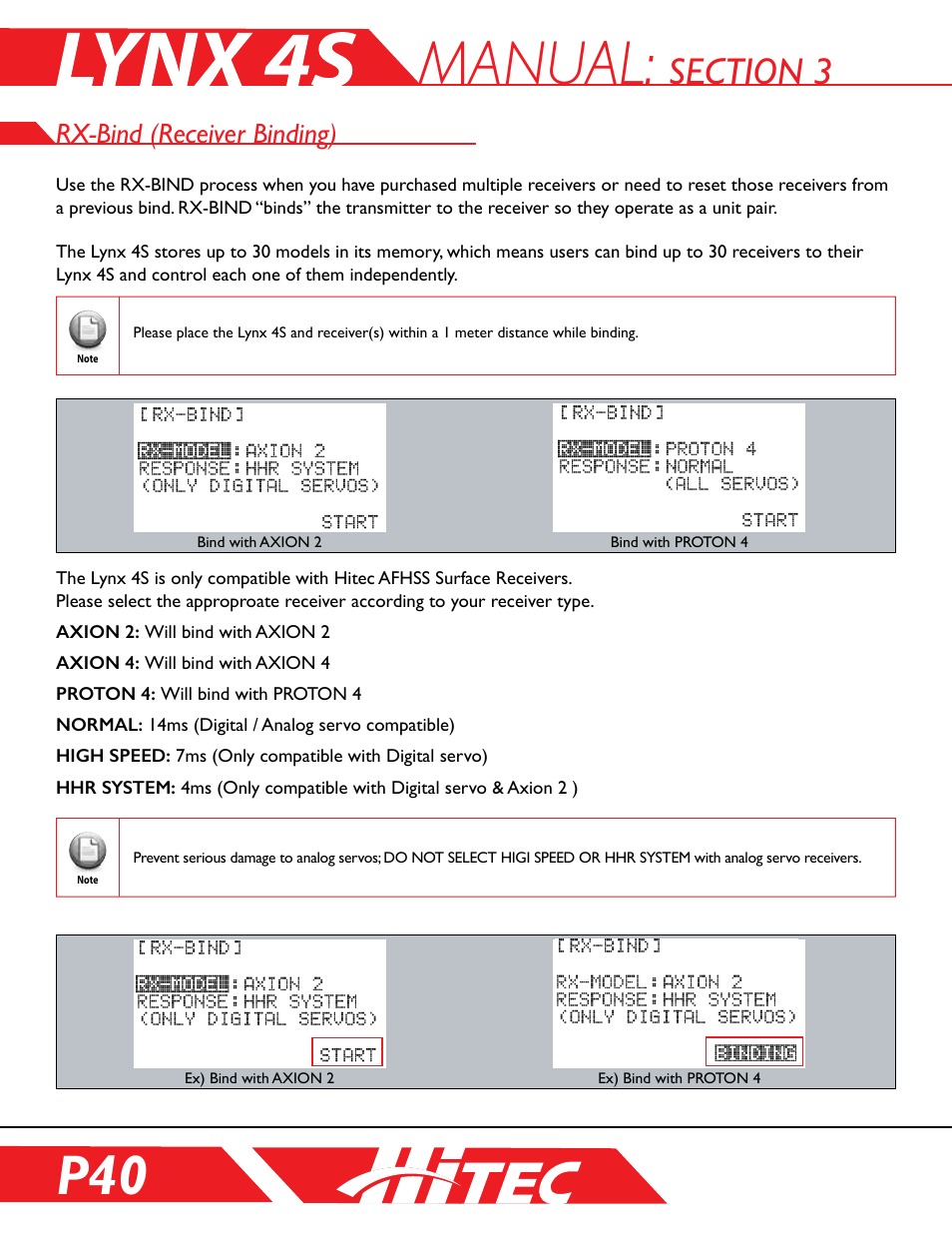 Rx-bind (receiver binding), Manual | HITEC Lynx 4S User Manual | Page 40 / 56