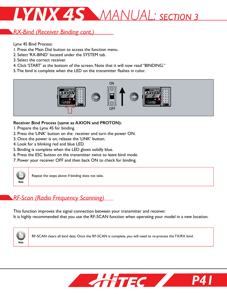 Rf-scan (radio frequency scanning), Manual, Rx-bind (receiver binding cont.) | HITEC Lynx 4S User Manual | Page 41 / 56