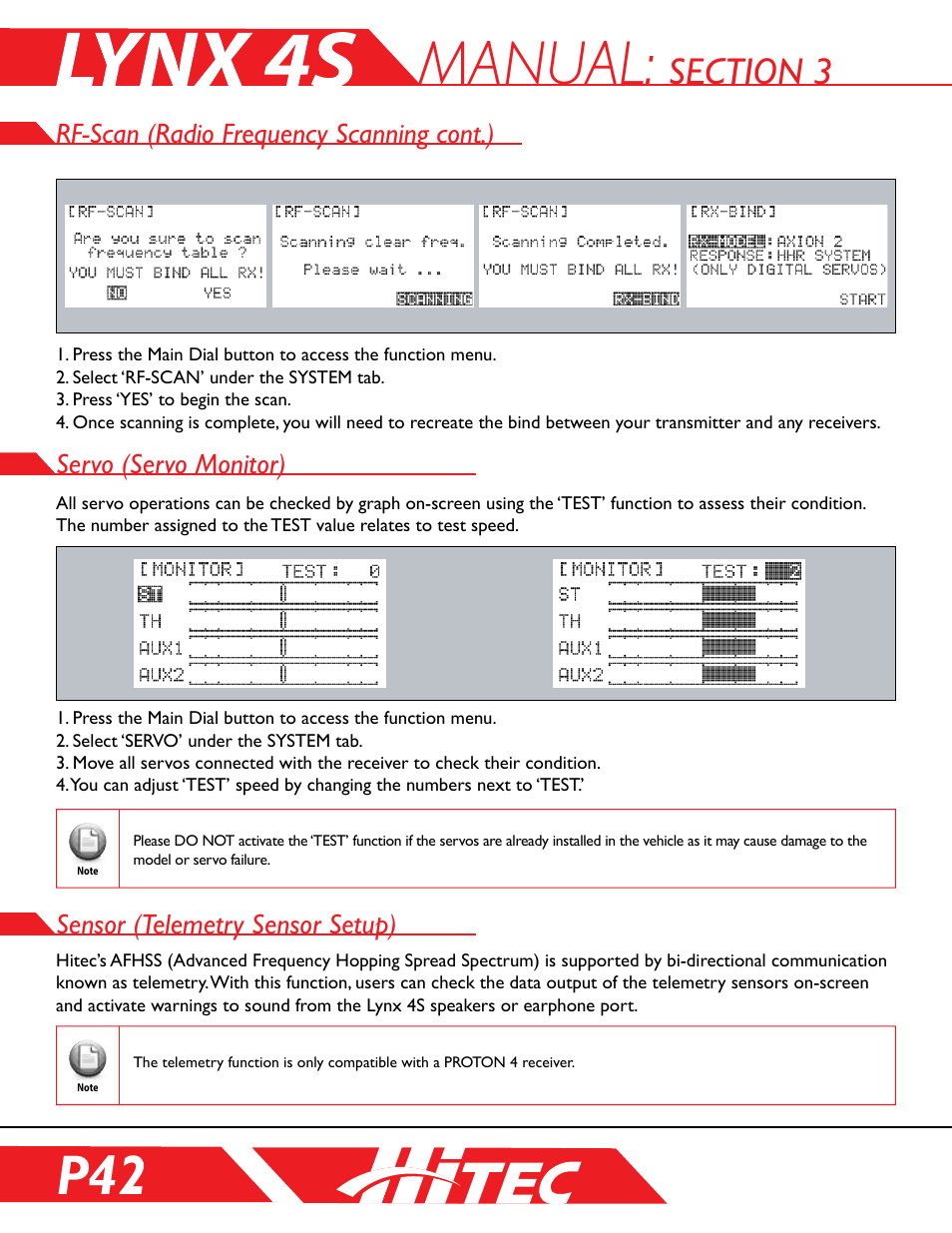Servo (servo monitor), Sensor (telemetry sensor setup), Servo (servo monitoring) | Manual, Rf-scan (radio frequency scanning cont.) | HITEC Lynx 4S User Manual | Page 42 / 56