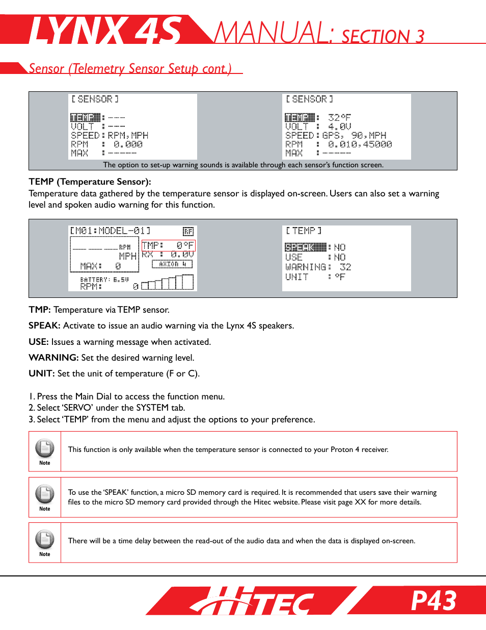 Manual, Sensor (telemetry sensor setup cont.) | HITEC Lynx 4S User Manual | Page 43 / 56