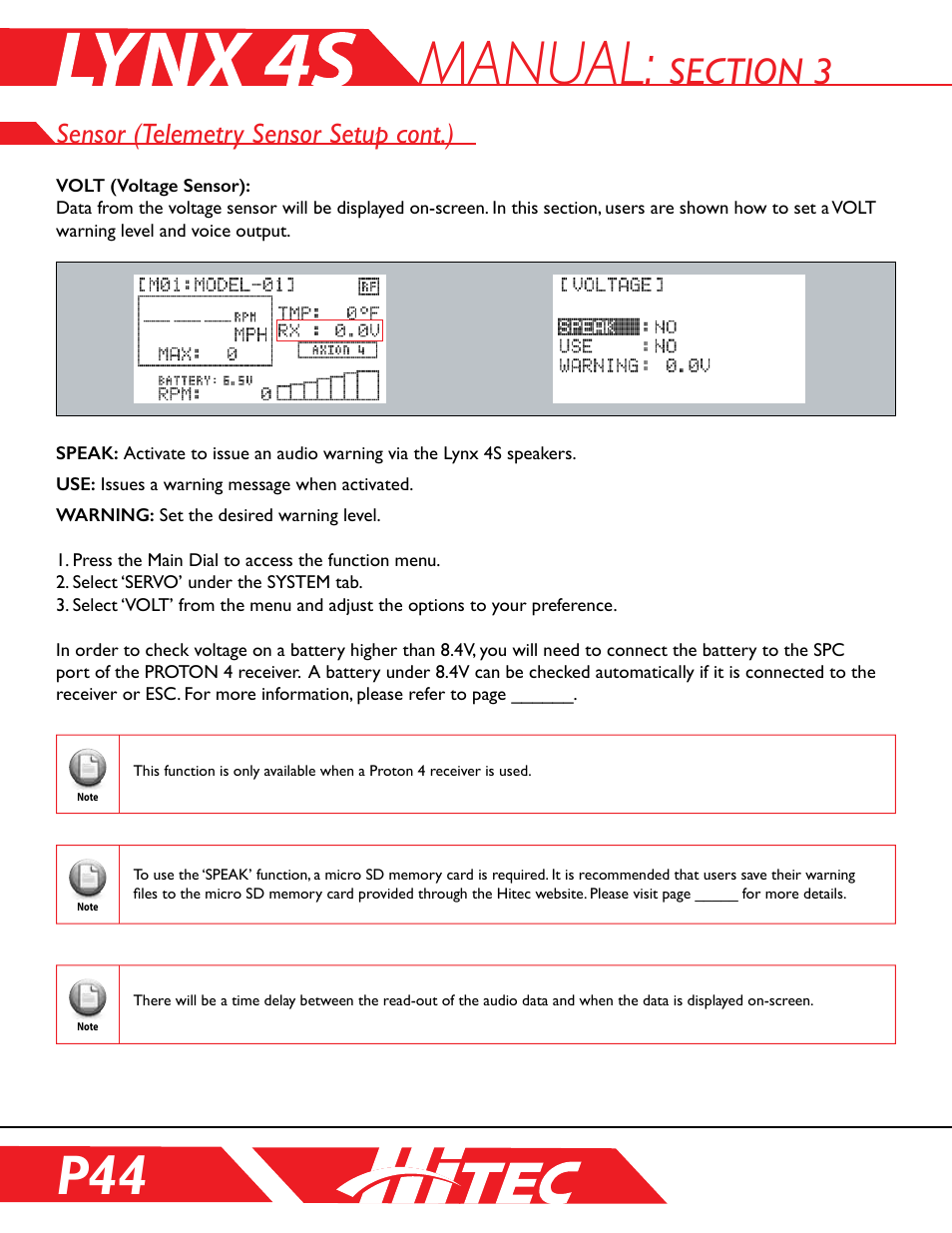 Manual, Sensor (telemetry sensor setup cont.) | HITEC Lynx 4S User Manual | Page 44 / 56
