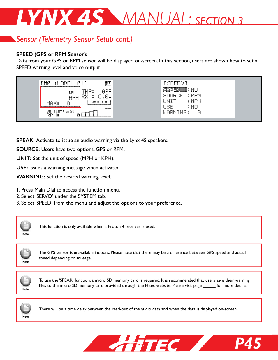 Manual, Sensor (telemetry sensor setup cont.) | HITEC Lynx 4S User Manual | Page 45 / 56