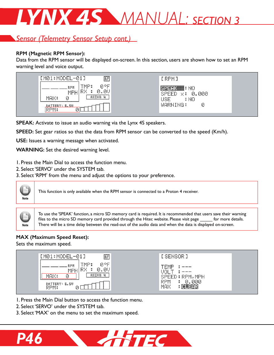 Manual, Sensor (telemetry sensor setup cont.) | HITEC Lynx 4S User Manual | Page 46 / 56