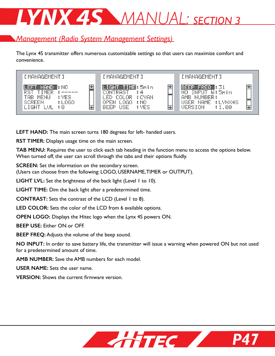 Management (radio system management settings), Manual | HITEC Lynx 4S User Manual | Page 47 / 56