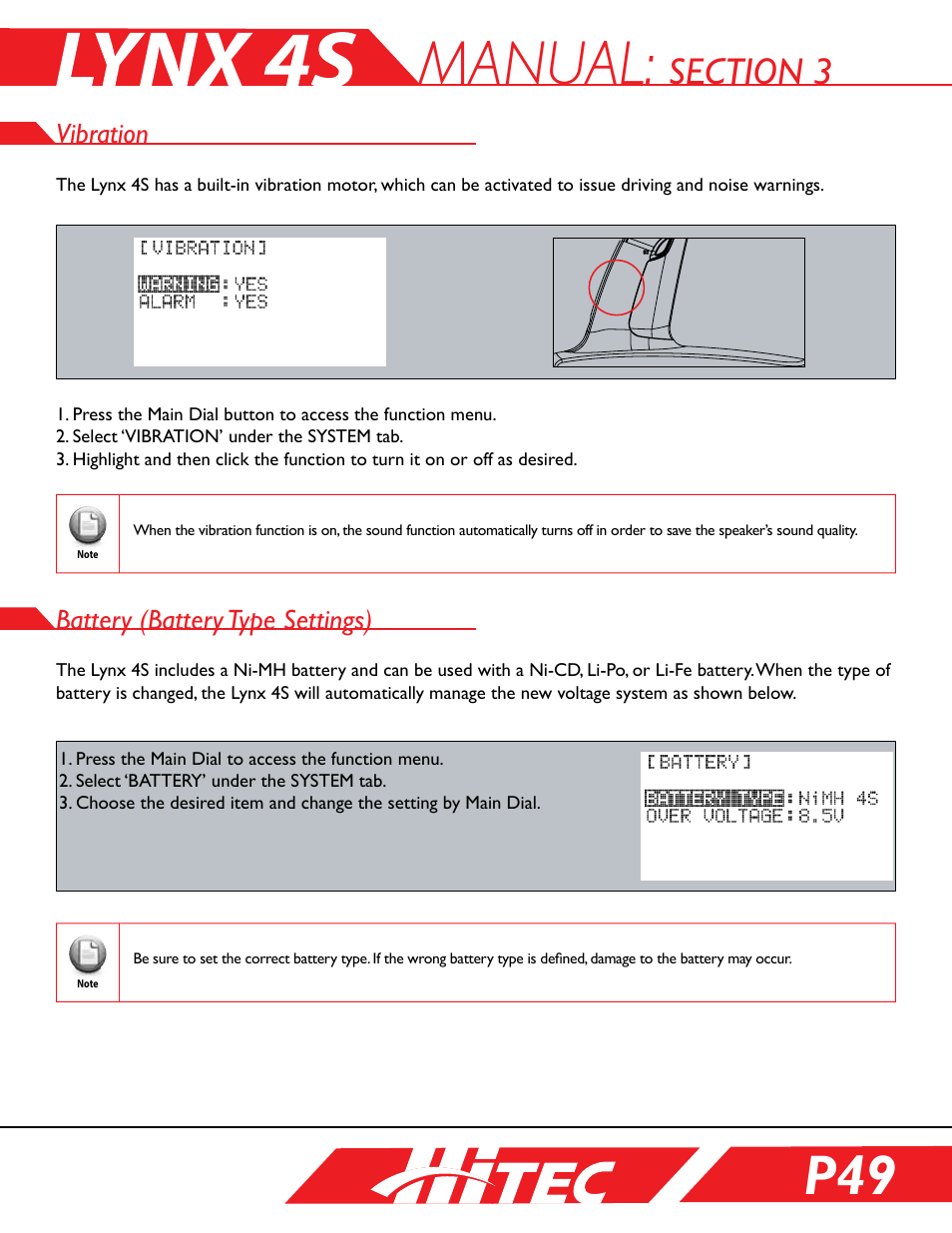 Vibration, Battery (battery type settings), Manual | HITEC Lynx 4S User Manual | Page 49 / 56