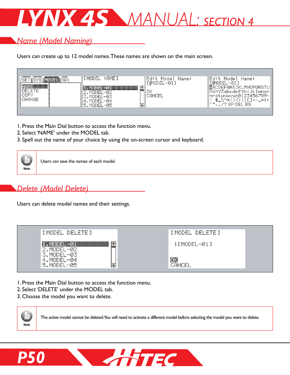 Section 4: model management, Name (model naming), Delete (model delete) | Manual | HITEC Lynx 4S User Manual | Page 50 / 56