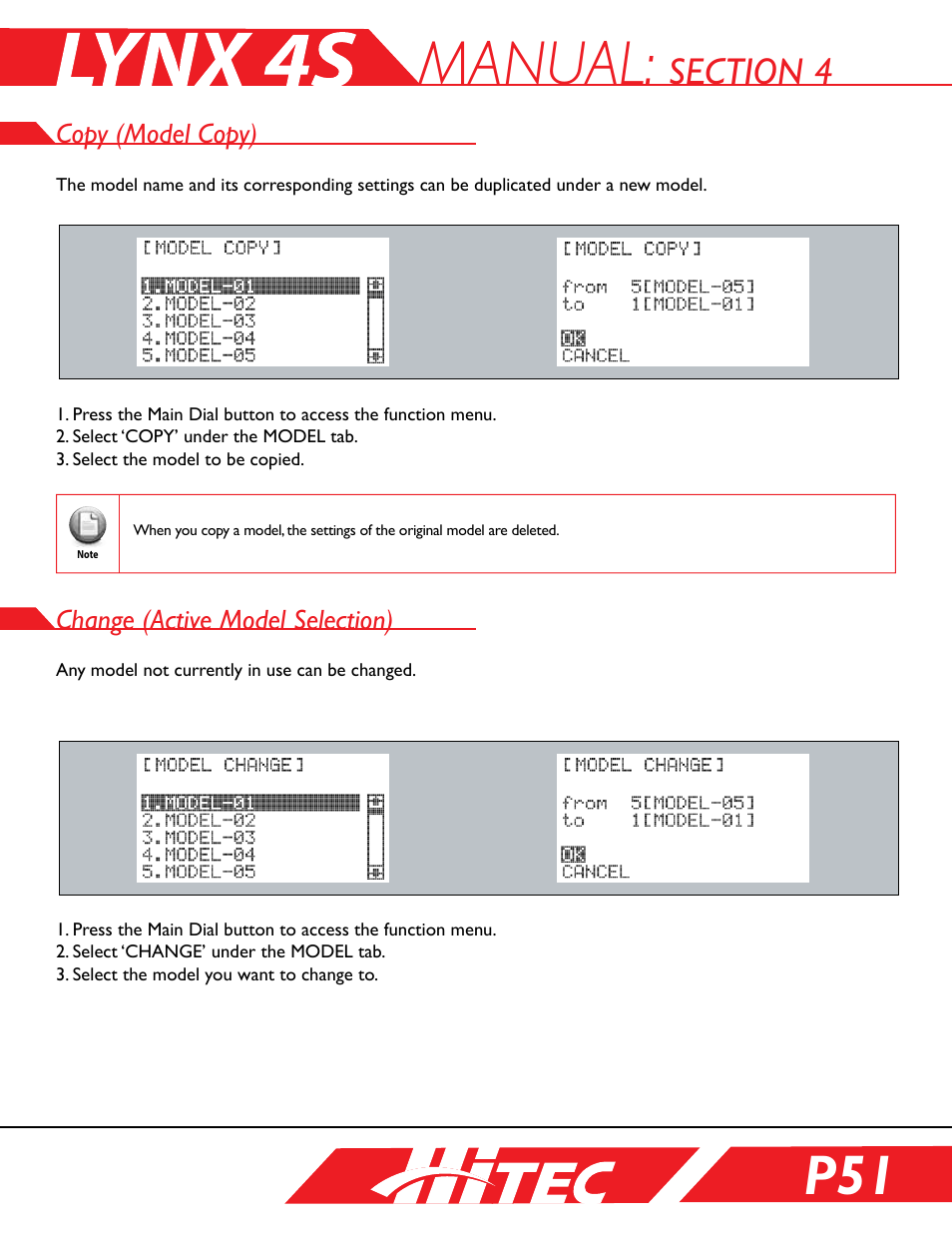 Copy (model copy), Change (active model selection), Manual | HITEC Lynx 4S User Manual | Page 51 / 56