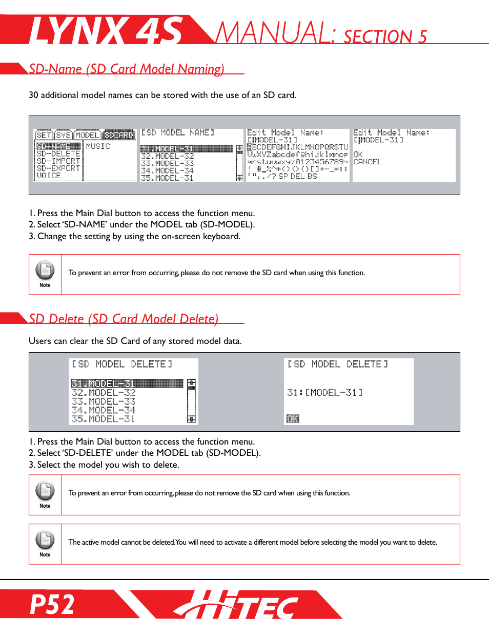 Section 5: sd card management, Sd-name (sd card model naming), Sd-delete (sd card model delete) | Sd-name (sd card model naming)), Manual, Sd delete (sd card model delete) | HITEC Lynx 4S User Manual | Page 52 / 56