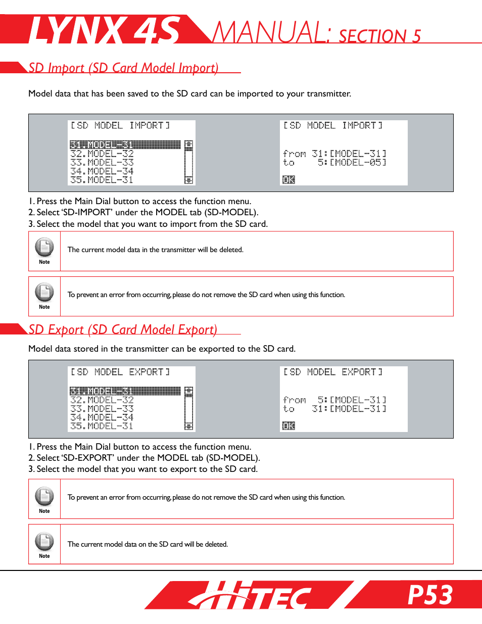 Sd-import (sd card model import), Sd-export (sd card model export), Manual | Sd import (sd card model import), Sd export (sd card model export) | HITEC Lynx 4S User Manual | Page 53 / 56