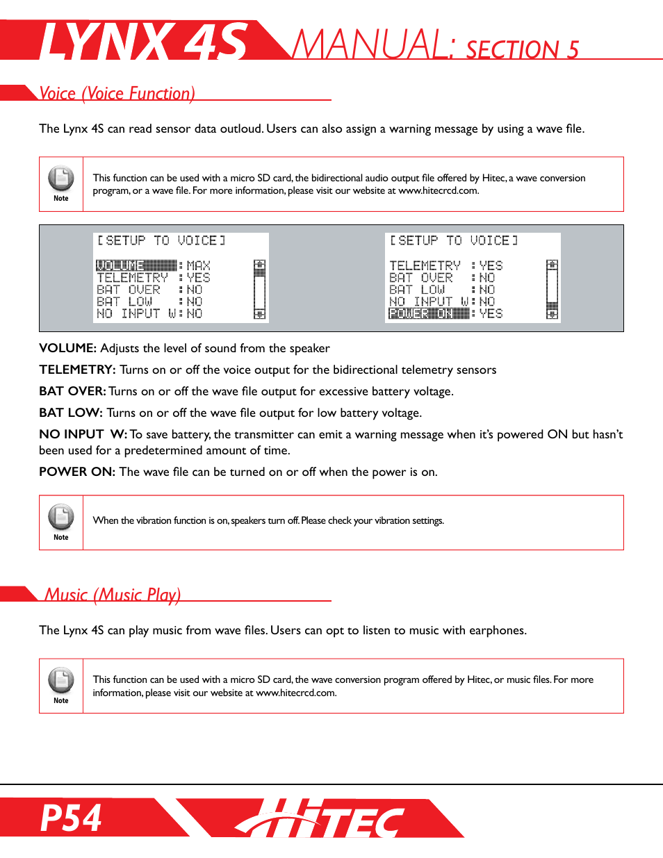 Voice (voice function), Music (music play), Manual | HITEC Lynx 4S User Manual | Page 54 / 56