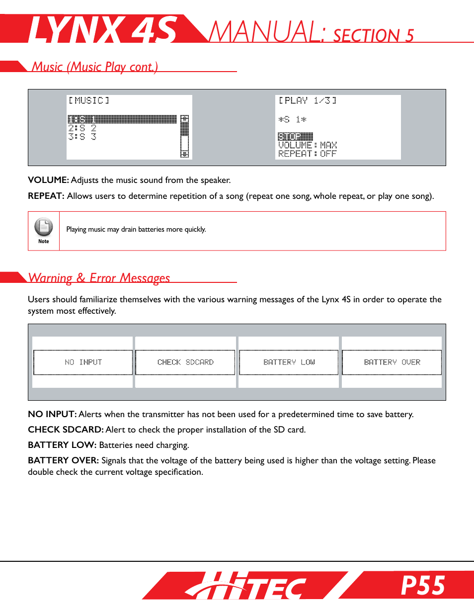 Warning and error messages, Warning & error messages, Manual | HITEC Lynx 4S User Manual | Page 55 / 56