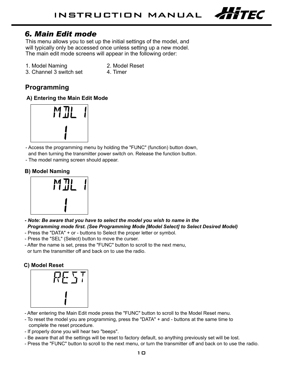Main edit mode, Programming | HITEC Aggressor SRX User Manual | Page 11 / 16