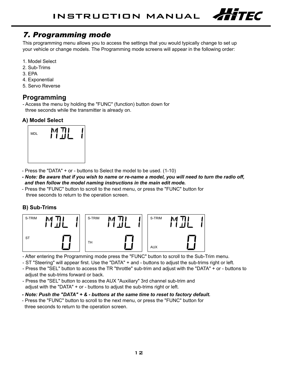 Programming mode, Programming | HITEC Aggressor SRX User Manual | Page 13 / 16