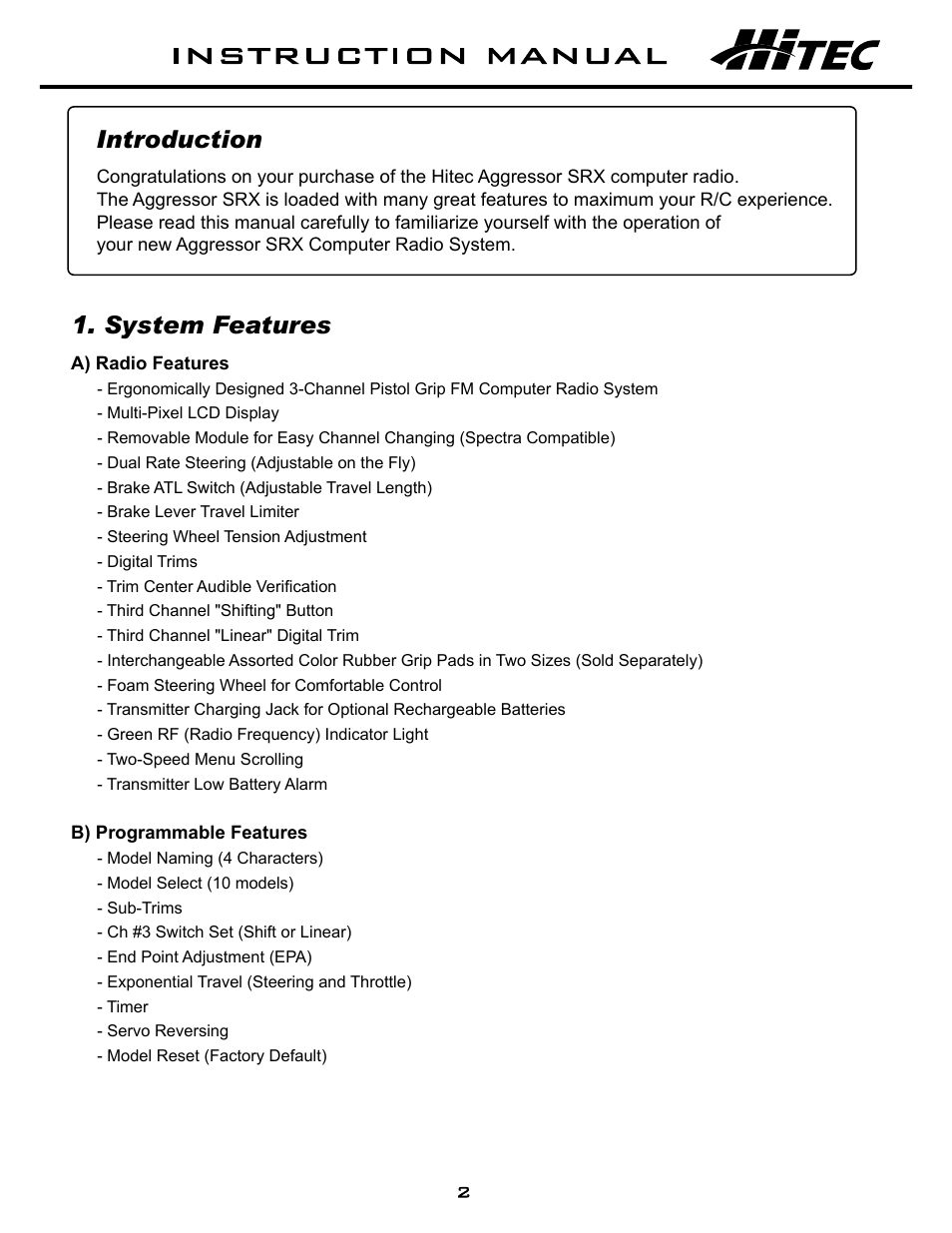 System features introduction | HITEC Aggressor SRX User Manual | Page 3 / 16