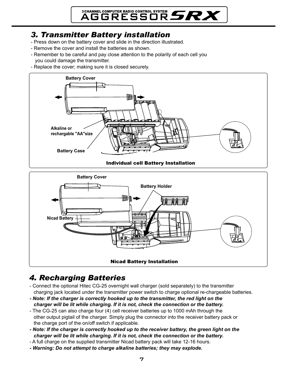 Transmitter battery installation, Recharging batteries | HITEC Aggressor SRX User Manual | Page 8 / 16
