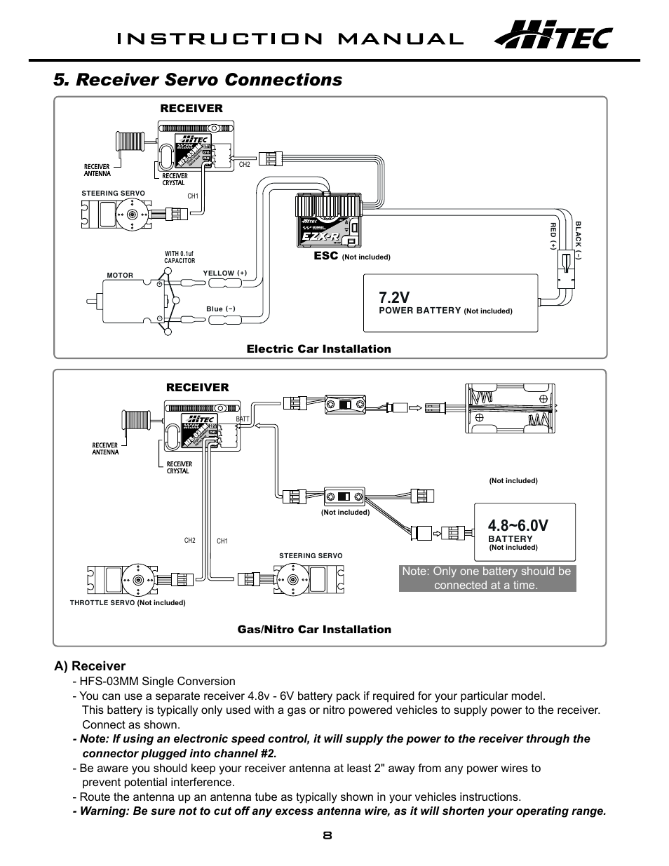 Receiver servo connections, 8~6.0v, A) receiver | HITEC Aggressor SRX User Manual | Page 9 / 16