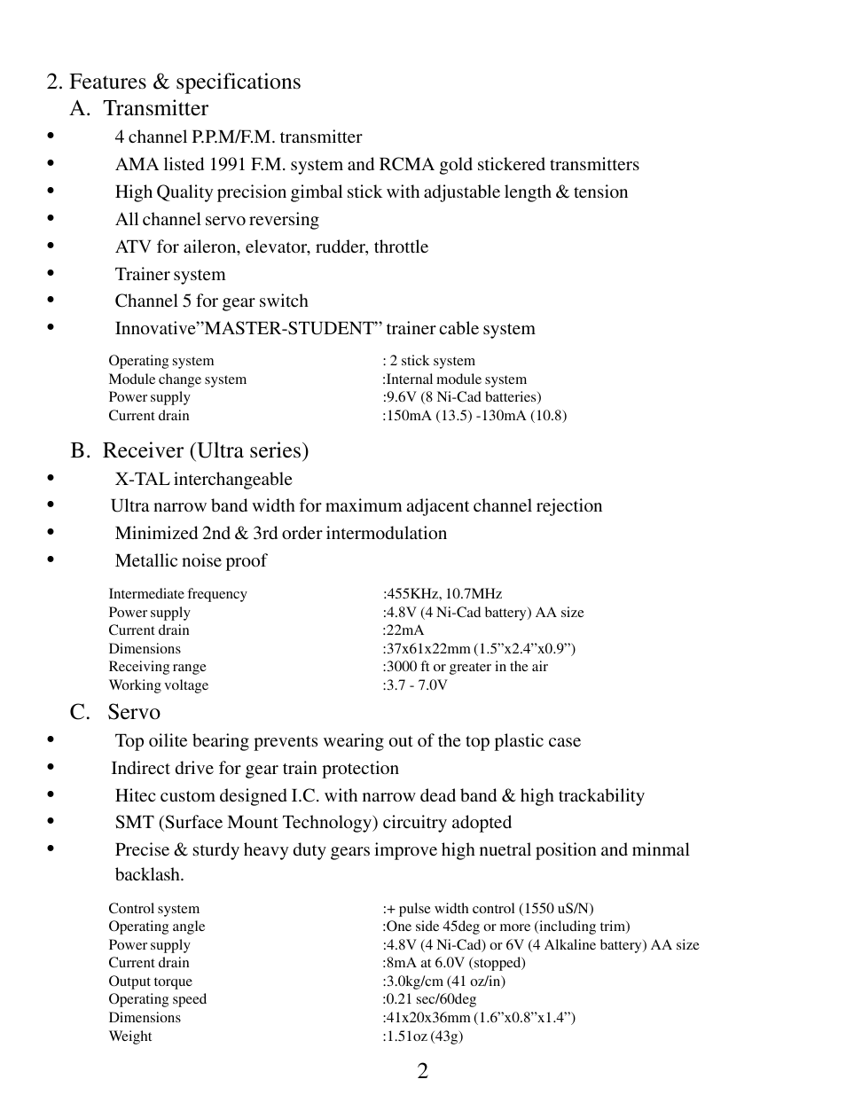 Features & specifications a. transmitter, B. receiver (ultra series), C. servo | HITEC Focus 4 FM User Manual | Page 3 / 8