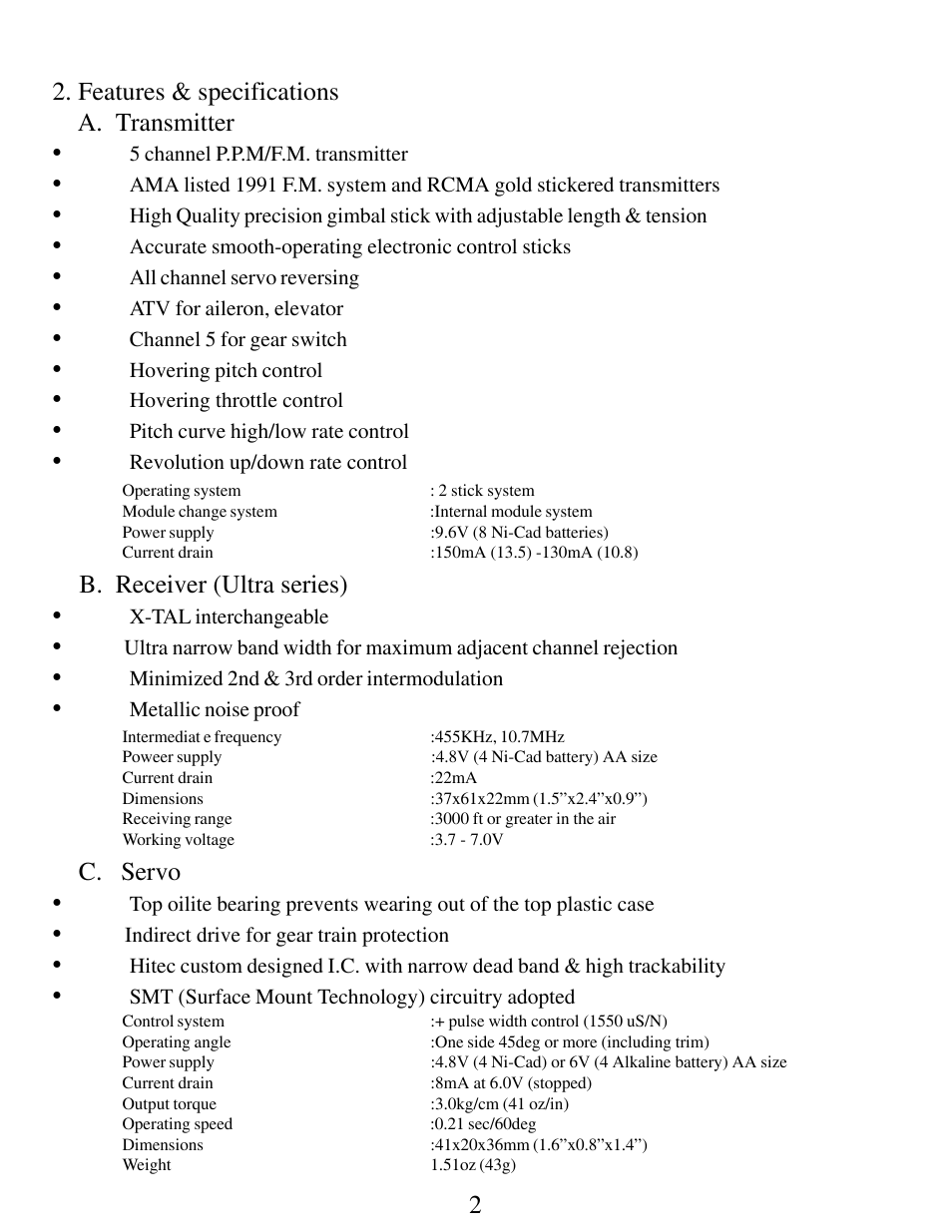 Features & specifications a. transmitter, B. receiver (ultra series), C. servo | HITEC Focus Heli 5 FM User Manual | Page 3 / 8