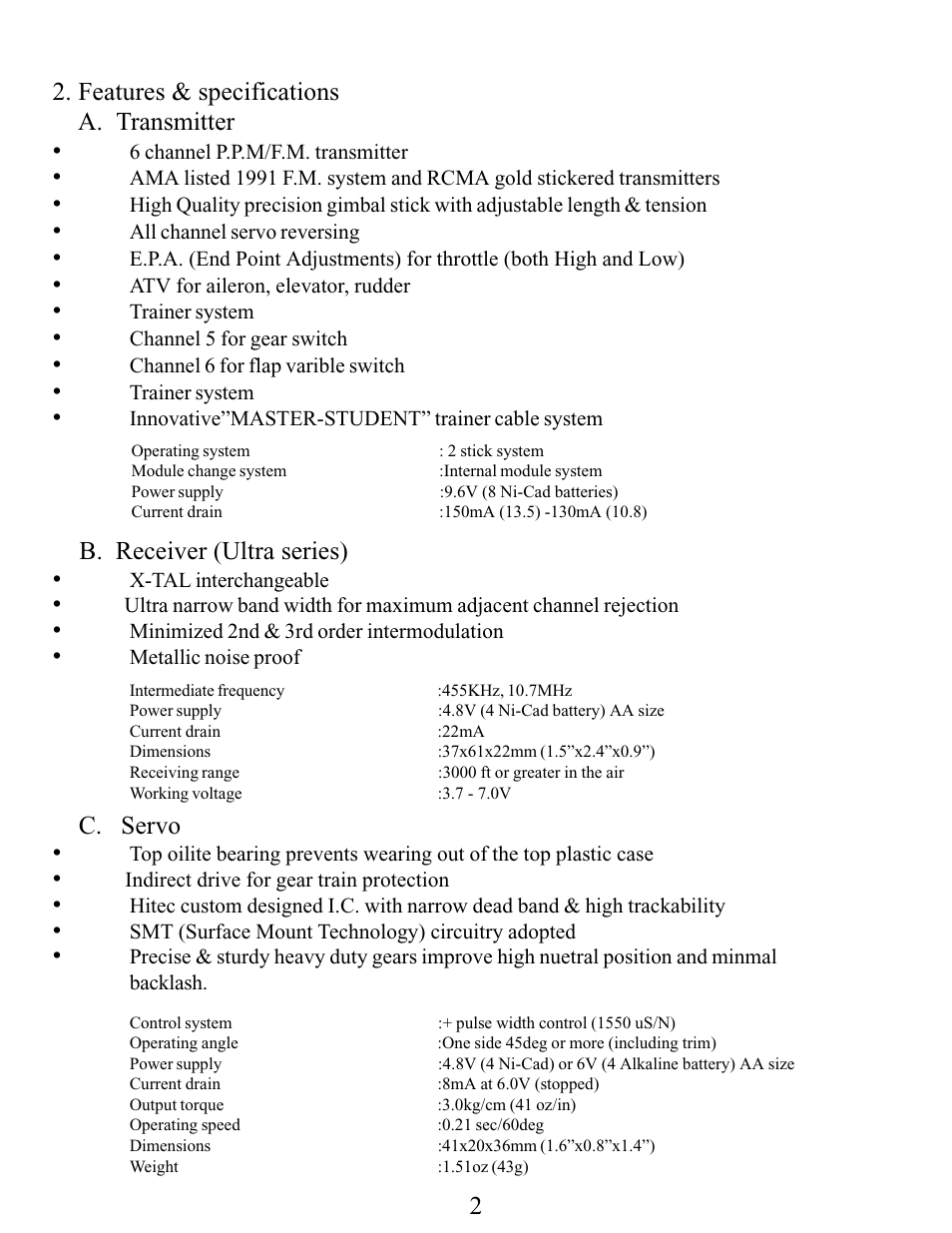 Features & specifications a. transmitter, B. receiver (ultra series), C. servo | HITEC Focus 6 FM User Manual | Page 3 / 8