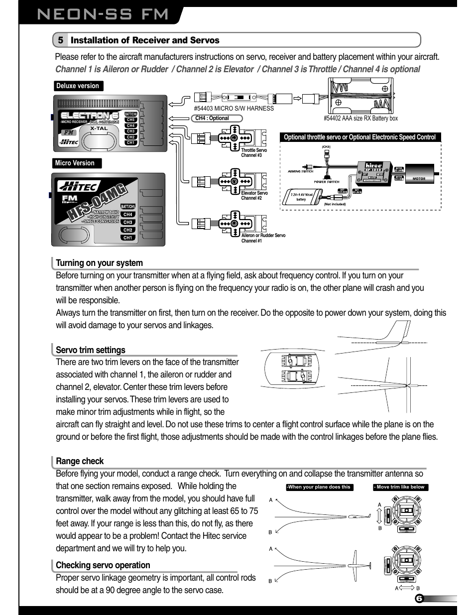 Hfs-04mg, 5 installation of receiver and servos | HITEC Neon SS User Manual | Page 6 / 8