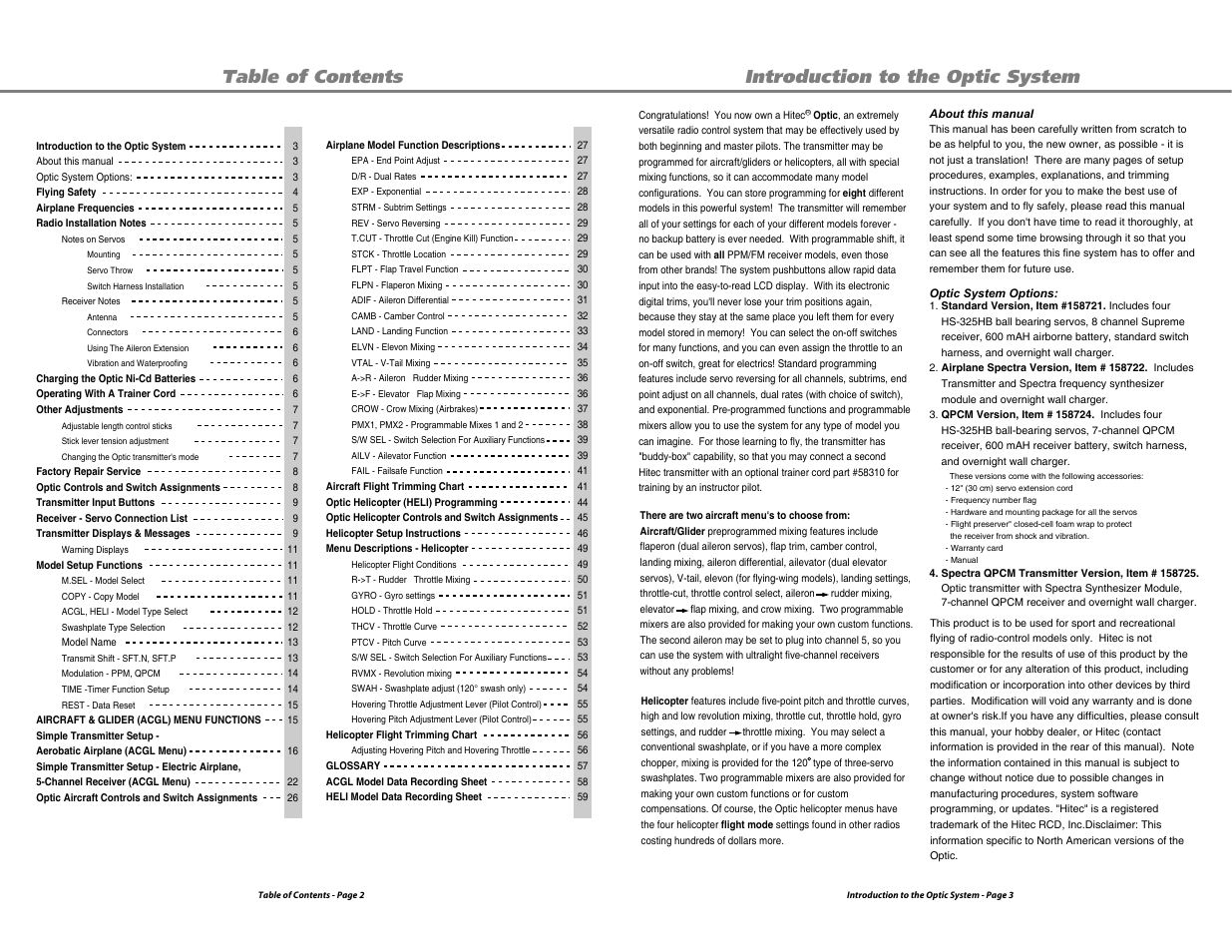 Introduction to the optic system table of contents | HITEC Optic 6 User Manual | Page 2 / 30