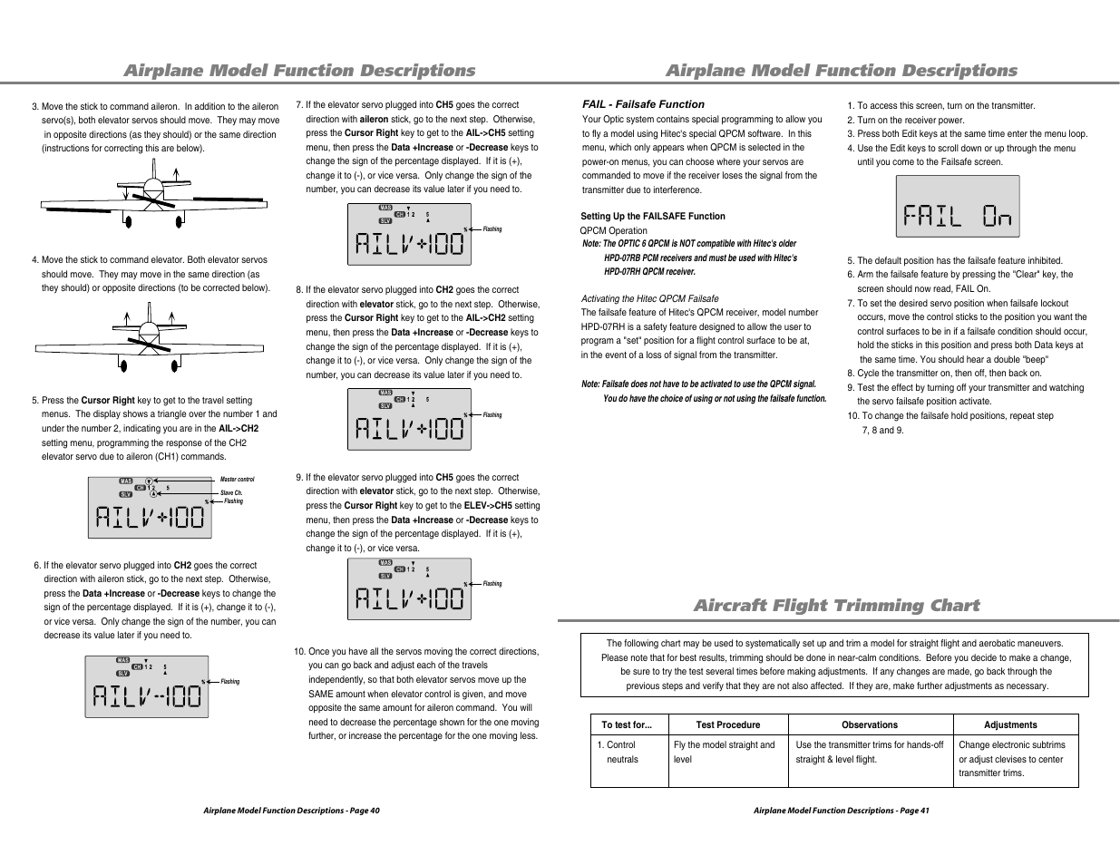 Airplane model function descriptions, Aircraft flight trimming chart | HITEC Optic 6 User Manual | Page 21 / 30