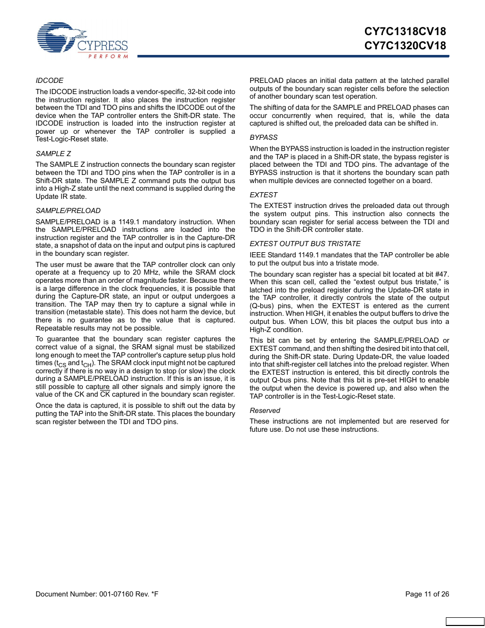 Idcode, Sample z, Sample/preload | Bypass, Extest, Extest output bus tristate, Reserved | Cypress CY7C1318CV18-200BZI User Manual | Page 11 / 26
