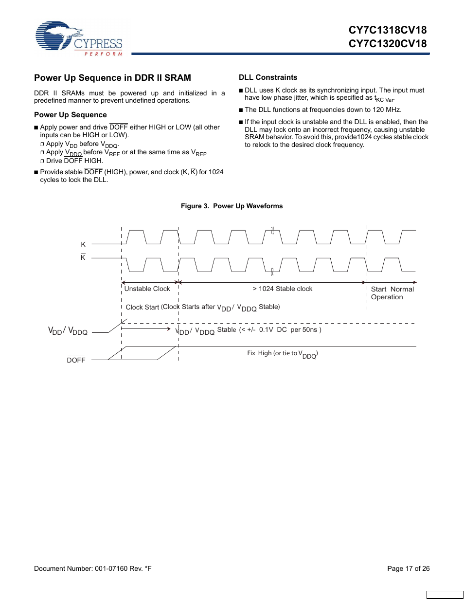 Power up sequence in ddr ii sram, Power up sequence, Dll constraints | Cypress CY7C1318CV18-200BZI User Manual | Page 17 / 26
