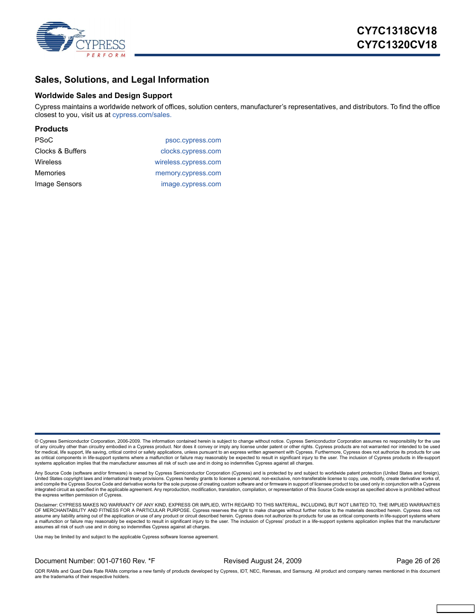 Sales, solutions, and legal information, Worldwide sales and design support, Products | Cypress CY7C1318CV18-200BZI User Manual | Page 26 / 26