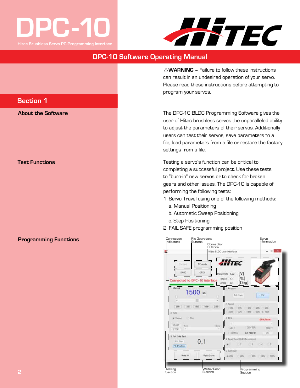 Dpc-10, Dpc-10 software operating manual | HITEC DPC-10 User Manual | Page 2 / 13