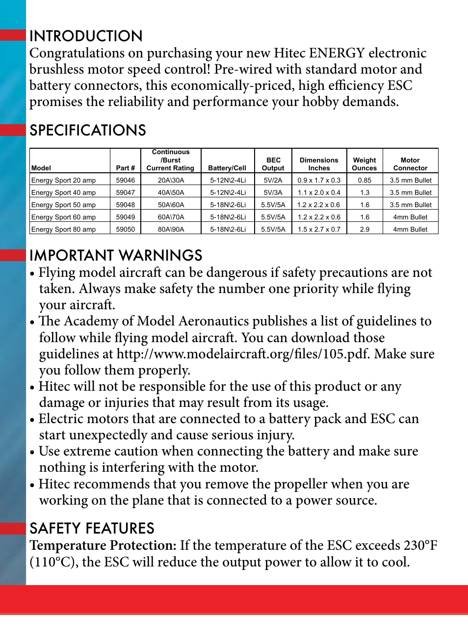 HITEC ENERGY SPORT ESC SERIES User Manual | Page 2 / 16