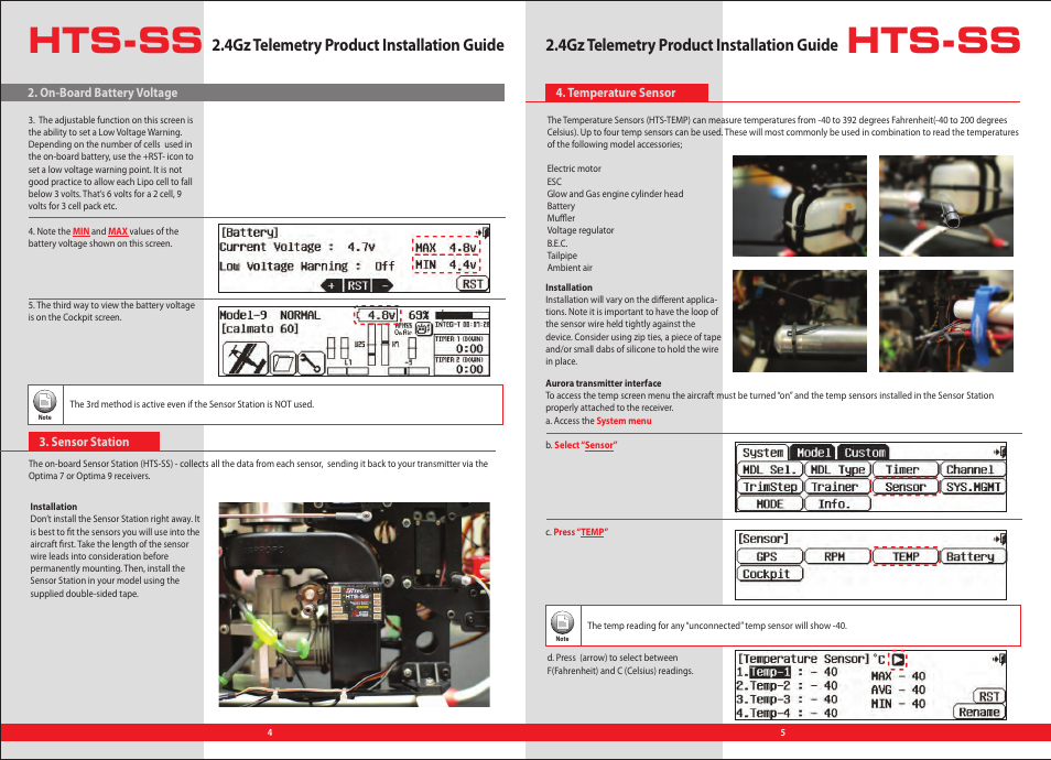 Hts-ss intallation manual 4-5, Hts-ss, 4gz telemetry product installation guide | HITEC Telemetry System User Manual | Page 2 / 6