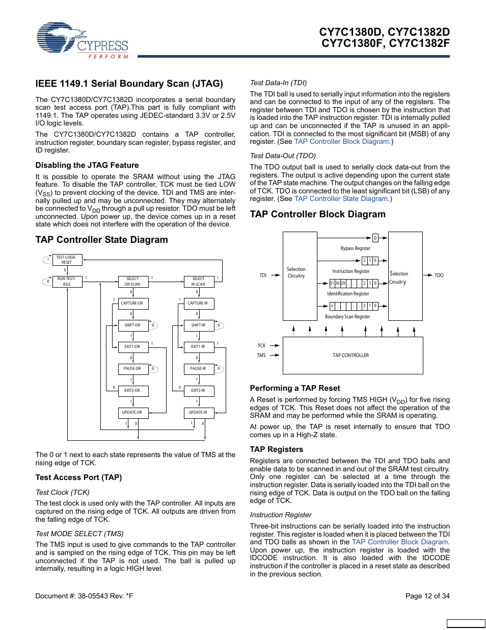 Ieee 1149.1 serial boundary scan (jtag), Disabling the jtag feature, Tap controller state diagram | Test access port (tap), Test clock (tck), Test mode select (tms), Test data-in (tdi), Test data-out (tdo), Tap controller block diagram, Performing a tap reset | Cypress Perform CY7C1380F User Manual | Page 12 / 34